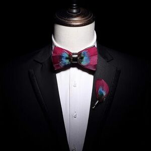 Men’s Handmade Pink and Peacock Feather Pre Tied Bow tie and Matching Lapel Pin